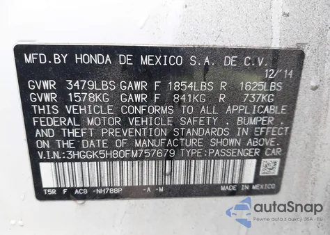 2015 Honda Fit Ex/Ex-L из США, поврежденный, VIN 3HGGK5H80FM757679